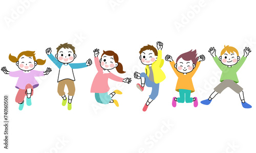 イラスト素材：元気いっぱいにジャンプする子供たち　6人
