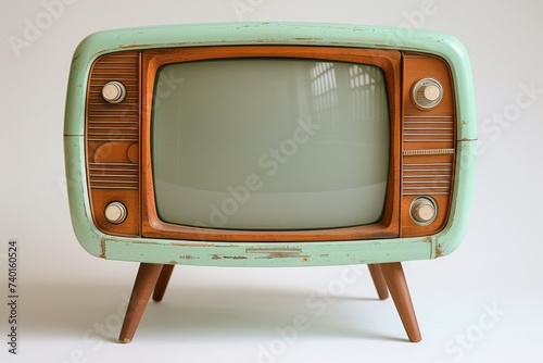 An aged television set is elegantly displayed on a rustic wooden stand, emitting nostalgia and charm in a cozy living room setting