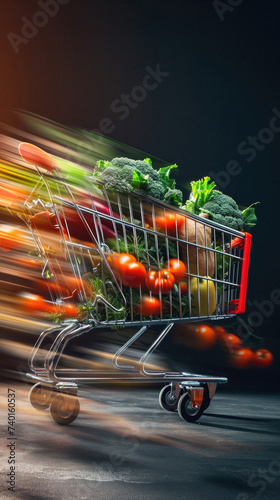 Shopping cart full of fresh vegetables on dark background. Healthy food concept .