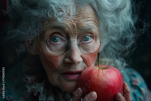 A weathered woman's face tells the story of a lifetime as she holds a vibrant red apple, a symbol of the natural foods that have sustained her