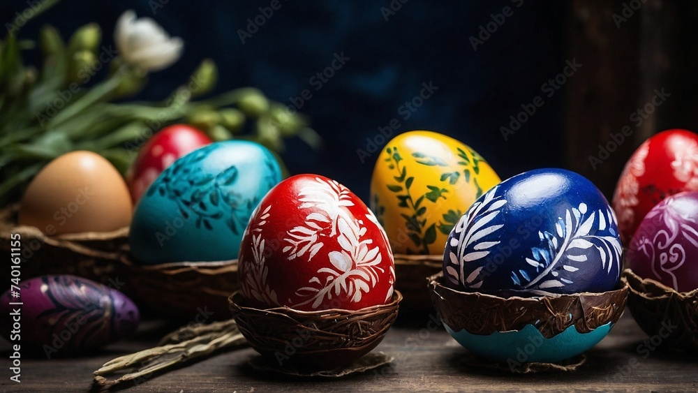 Hand-painted Easter eggs in a rustic studio Hand-painted Easter eggs in a rustic studio
