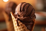Close up of chocolate ice cream scoops in a waffle cone, drizzled with a glossy chocolate syrup, embodying a classic dessert indulgence