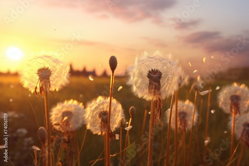 Beautiful field of dandelions with the sun setting in the background. Ideal for nature and landscape concepts