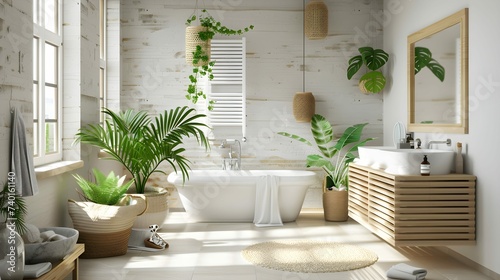 Interior of bright bathroom with light decorations and accessories © Pascal