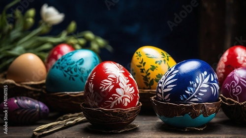 Hand-painted Easter eggs in a rustic studio