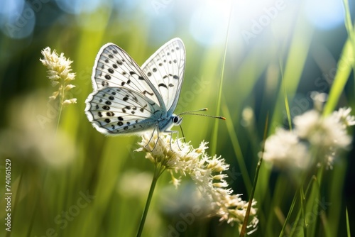 A beautiful butterfly resting on a delicate white flower. Perfect for nature and garden themes