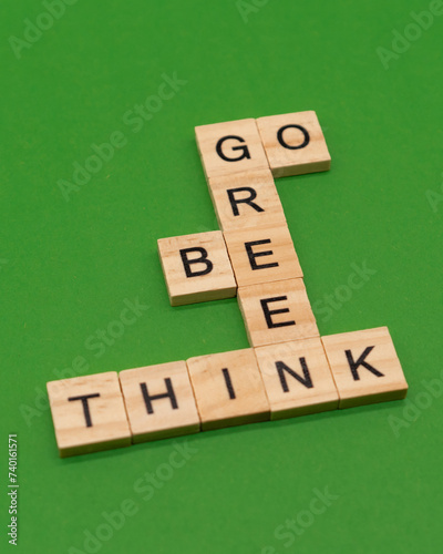 scrabble letters spelling go green, be green, think green