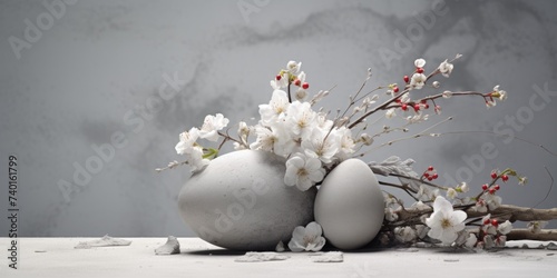 Two white vases with flowers and branches, suitable for interior design projects
