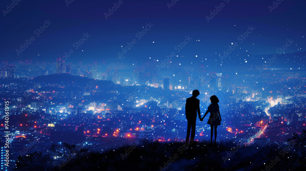 Fototapeta premium Silhouette of a couple holding hands against the backdrop of vibrant city lights under a twilight sky. Lovely couple Valentine background concept.