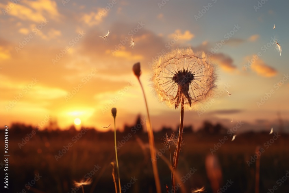 Beautiful dandelion in field with stunning sunset backdrop. Perfect for nature and relaxation concepts