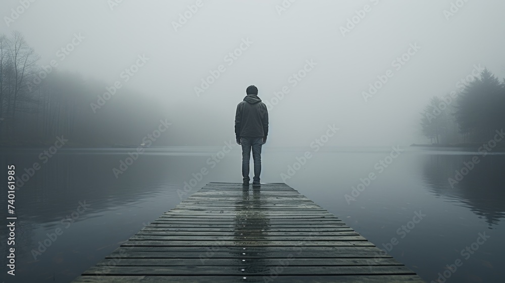 A person standing on a dock in the fog, suitable for various concepts and designs
