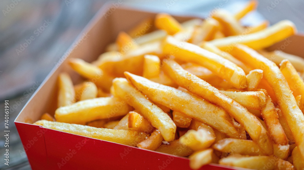 French fries in a box on a wooden table. Selective focus . French fries in a box on a wooden table. Selective focus .