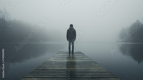 A person standing on a dock in the fog  suitable for various concepts and designs