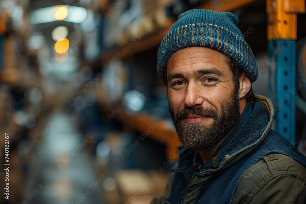 A rugged man stands on a busy street, his beanie and vest adding to his urban style, as his facial hair and moustache frame his strong human face in a striking portrait