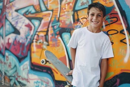 Smiling boy in a crisp white t-shirt holding a skateboard Ready for action Against a dynamic urban graffiti background
