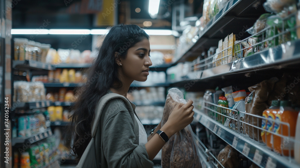Indian woman makes purchases in a supermarket among shelves of goods. Looks at goods on supermarket shelves