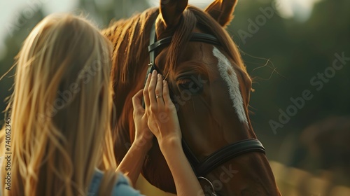 Blonde woman gently stroking a horse. Concept of horse riding, animal care, nature bonding, equine therapy, and equestrian sports.