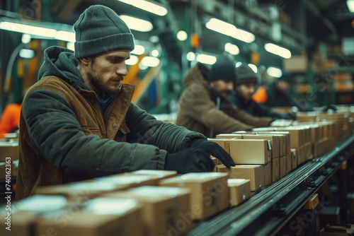 Amidst the hustle of a busy factory floor, a group of determined men clad in hats and street clothes diligently work on a conveyor belt, their focused human faces a reflection of their dedication to 