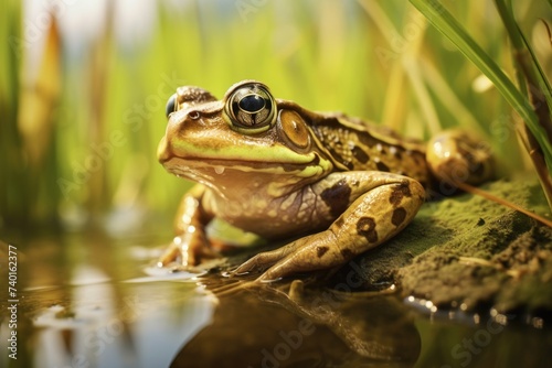 A frog sitting on a rock in the water, suitable for nature and wildlife concepts