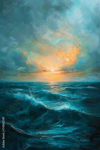 Luminous Lagoon: Teal and Gold Ocean Sunset Painting with a Focus on Light and Color