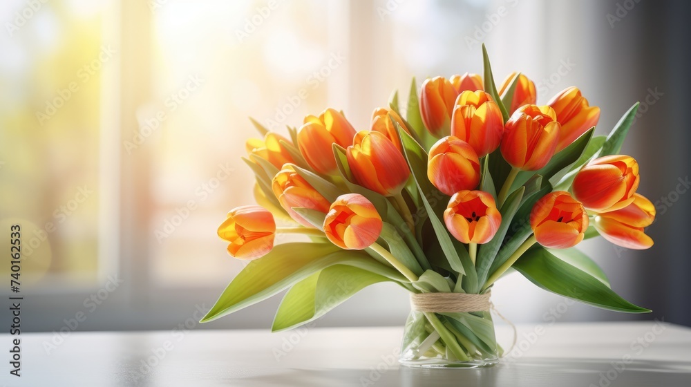 A bouquet of orange or peach tulips for congratulations on Mother's Day, Valentine's Day, Women's Day. Blurred background. A bouquet of orange or peach tulips for congratulations on Mother's Day, Valentine's Day, Women's Day. Blurred background.