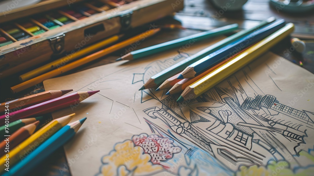 A mindful coloring session with intricate adult coloring books surrounded by art supplies.