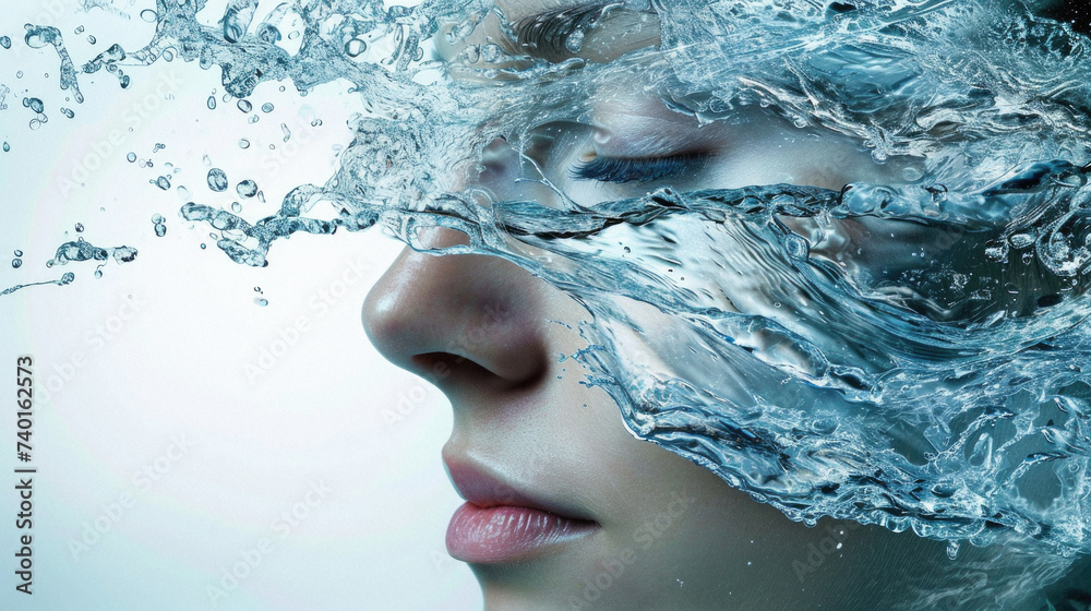 Close-up portrait of young beautiful woman with water splash on her face