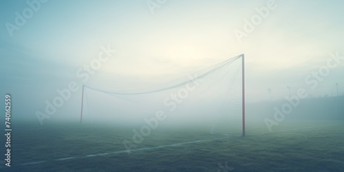 Foggy soccer field with goal, ideal for sports-themed designs © Fotograf