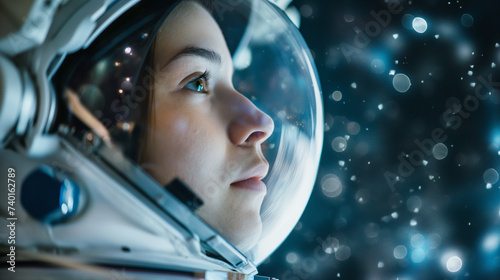 Face of a beautiful woman - astronaut in a spacesuit, floating in space