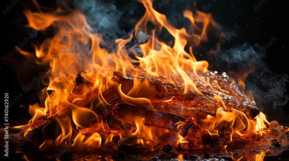  a large pile of fire burning fiercely in the dark. The flames are vibrant and intense, illuminating the surrounding area. The image conveys a sense of power and intensity