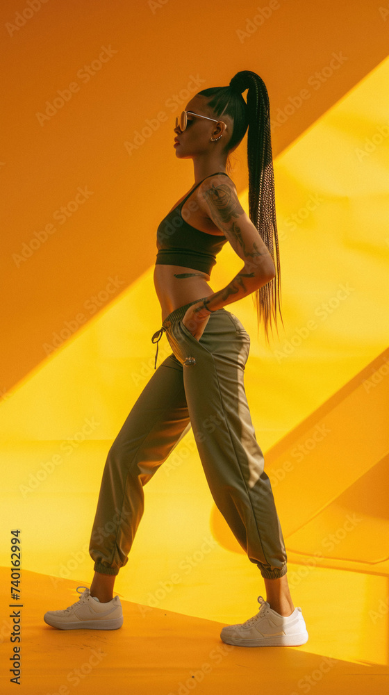 Obraz premium Full length portrait of young african american woman in sportswear posing against yellow background