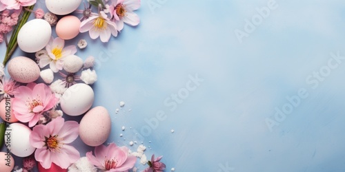Vibrant blue background with delicate pink flowers and colorful Easter eggs. Perfect for Easter and spring-themed designs