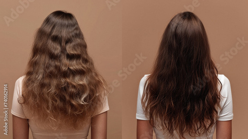 Before and after hair extensions. Before and after hair extensions. Woman with long hair .