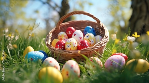 Colorful Easter eggs in a basket sitting on the grass. Perfect for Easter holiday themes