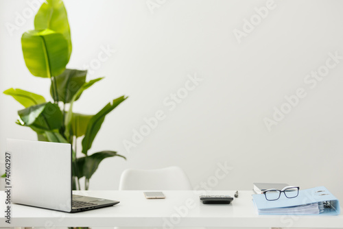 Business concept. Light work place of accountant at office with desk table, laptop, financial documents folder calculator, eyeglasses, smartphone, pen and big green houseplant. Copy space on wall