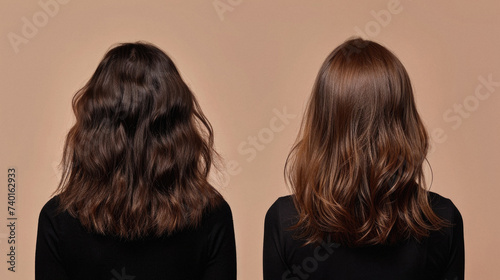 Back view of two women with long brown hair. Rear view . photo