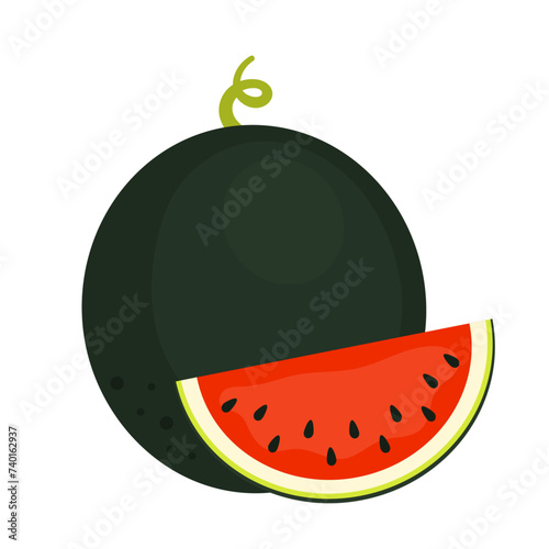 Densuke watermelon whole fruit and slice isolated on white background. Black or midnight watermelon icon. The most expensive watermelon. Vector illustration of exotic fruits in flat style.