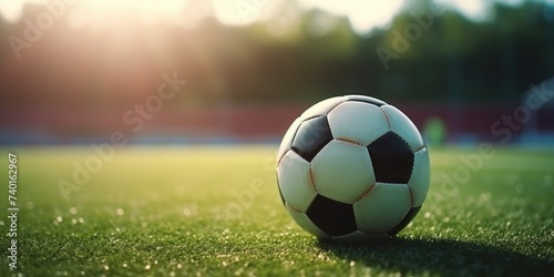 A soccer ball sitting on a lush green field. Perfect for sports and outdoor activities