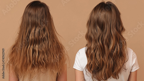 Woman long hair before and after treatment on brown background, back view