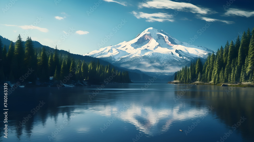 Mountain landscape panoramic,,

A mountain is reflected in a lake with a forest and a lake in the foreground.