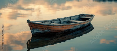 A small vintage wooden rowboat peacefully floats on the calm waters of a serene lake. photo