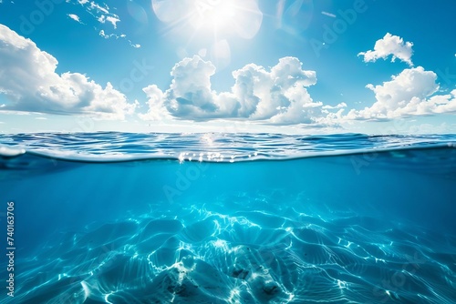 Split view of a serene sea meeting a clear sunny sky Half underwater and half above Showcasing marine and aerial beauty