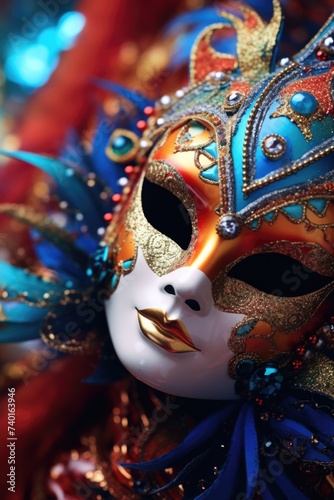 Detailed shot of a carnival mask on a table, perfect for festive designs © Fotograf
