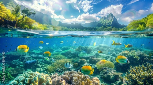 beautiful paradise island seen from the sea with fish below on sunny day in summer in high resolution