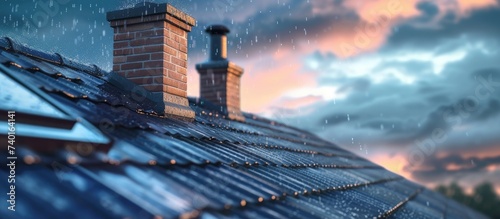 A residential house with glass pipes for water heaters on the roof, surrounded by rain-soaked shingles, two chimneys, and a cloudy sky on a stormy summer day. photo