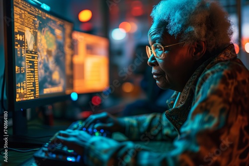 elderly black woman playing a computer game and looking at the computer , gaming monitor