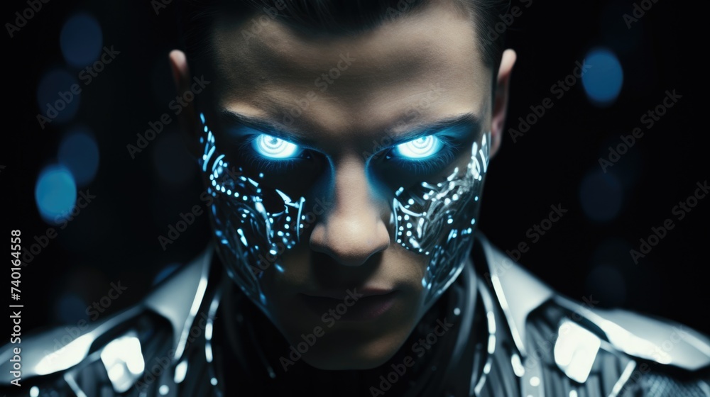A man wearing a futuristic suit with glowing eyes. Perfect for technology and sci-fi themes - obrazy, fototapety, plakaty 