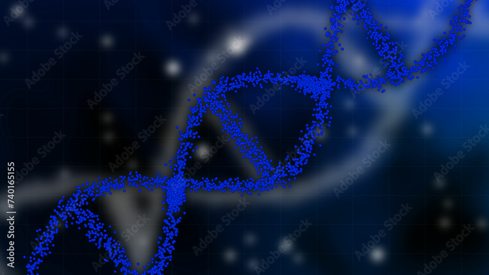 DNA double helix with depth of field. illustration of DNA construction from debrises. Science animation.