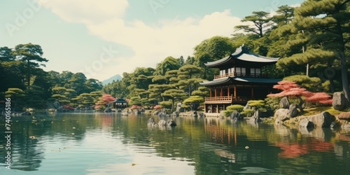 Scenic view of a pagoda in the middle of a tranquil pond. Ideal for travel and nature concepts