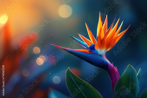 Luminous Bird of Paradise flower with a vivid gradient background. photo